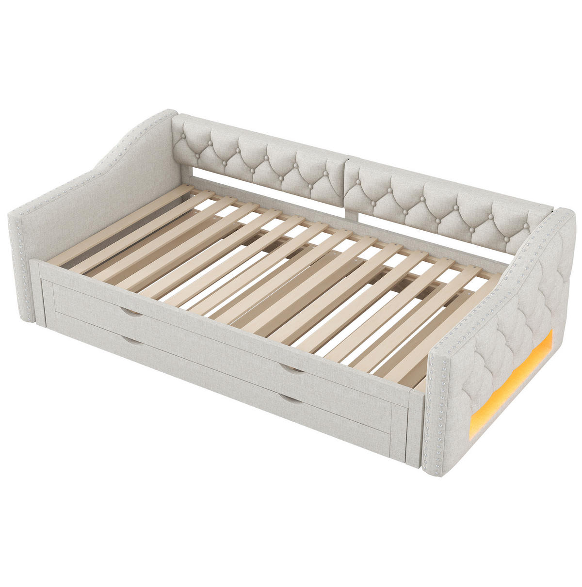 POLSTERBETT 90/200 cm Beige mit LED-Beleuchtung und 3 Schubladen - Beige, Textil (90/200cm) - Flora Grace