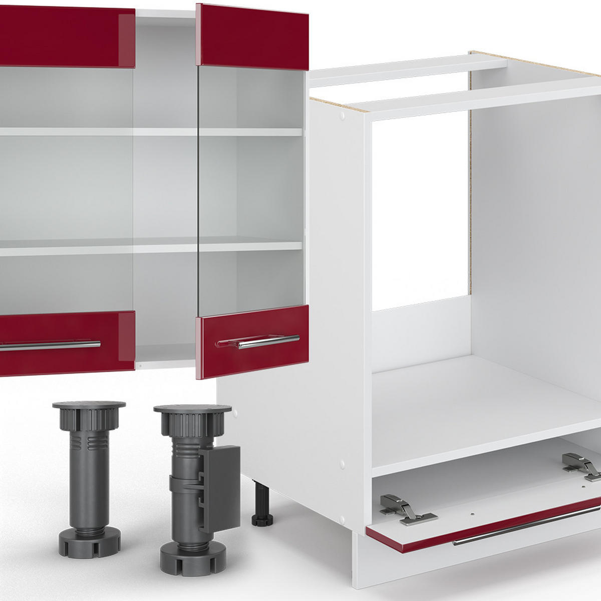 KÜCHENZEILE Fame-Line Bordeaux Hochglanz/Weiß 300 cm, AP Eiche - Bordeaux/Weiß, Holzwerkstoff (300/81.6/60cm) - Vicco