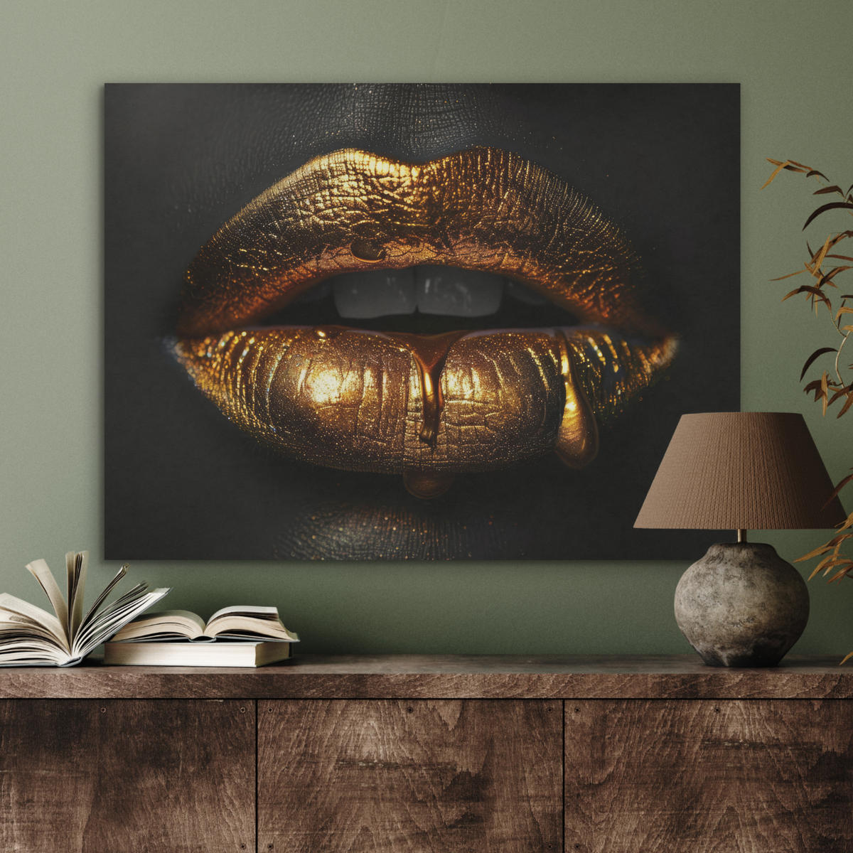 AKUSTIKPANEEL Frau - Porträt - Lippen - Gold - Schwarz 80x60 cm - Schwarz, Textil (80/0.9/60cm) - MuchoWow