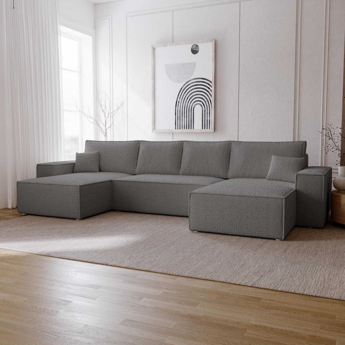 ECKCOUCH Bergamo U Bouclé mit Schlaffunktion, 380 cm, Dunkelgrau - Dunkelgrau, Holz (377/189cm) - Emporius