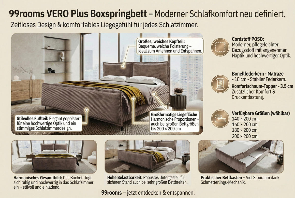 BOXSPRINGBETT VERO PLUS Cordstoff Hellgrau 140/200 cm - Hellgrau/Schwarz, Holzwerkstoff/Textil (140/200cm) - 99rooms