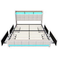 POLSTERBETT 140x200 cm, Beige, mit LED-Lichtleiste und 4 Metallschubladen, Lattenrost, Leinen, ohne Matratze - Beige, Holz (140/200cm) - WoodenAura