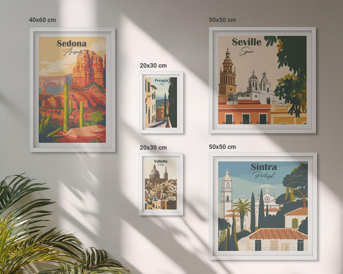 WANDBILDER 5er-Set - 50x50 cm & 20x30 cm & 40x60 cm Weißer Rahmen - Illustrationen von Küstenstädten - Weiß, Kunststoff (40/60cm) - ArtPrintCave