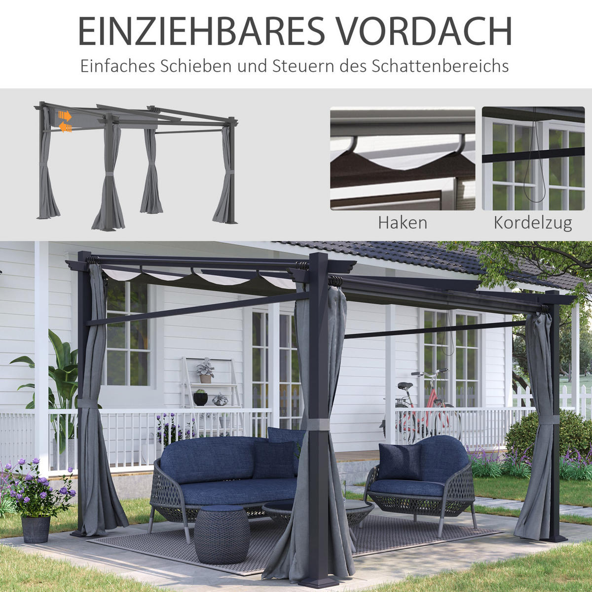 PERGOLA 297/295/195-230 cm s posuvnou stříškou a stabilní ocelovou konstrukcí, Tmavě šedá - tmavě šedá, kov (295/230/297cm) - Redom