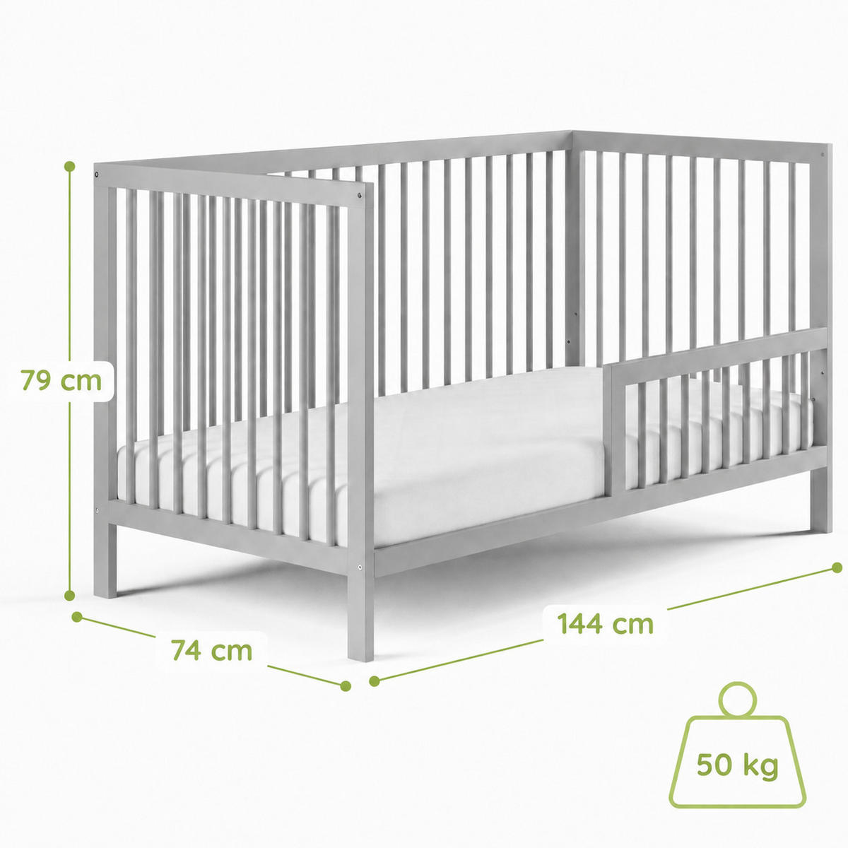 BABYPOSTÝLKA s poloviční boční zábranou 70x140 cm v šedé barvě - šedá, dřevo (70/140cm) - Kids Collective