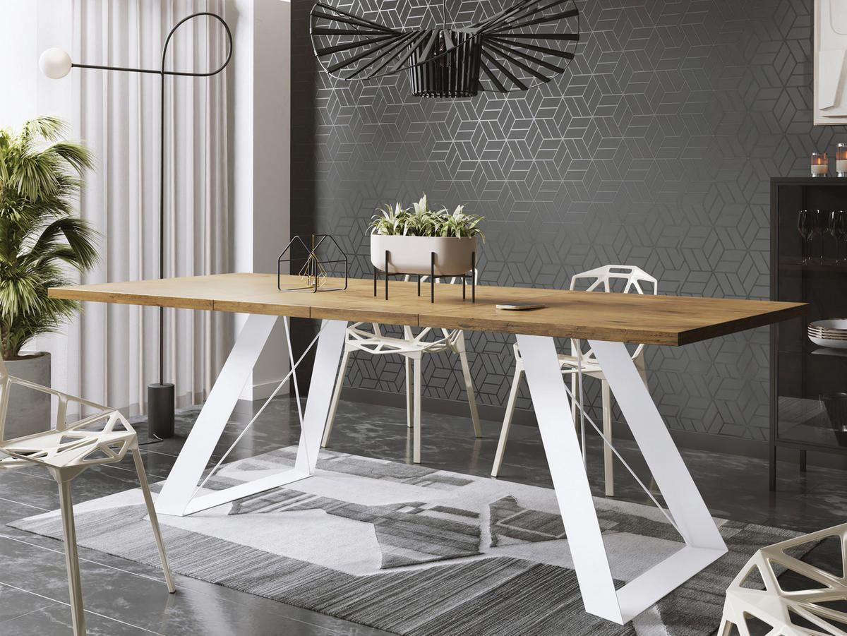 ESSTISCH Colter Weiß rechteckig ausziehbar, Lancelot Eiche 160-260/90/76 cm - Eichefarben/Weiß, Holzwerkstoff/Metall (160/90/76cm) - WFL GROUP