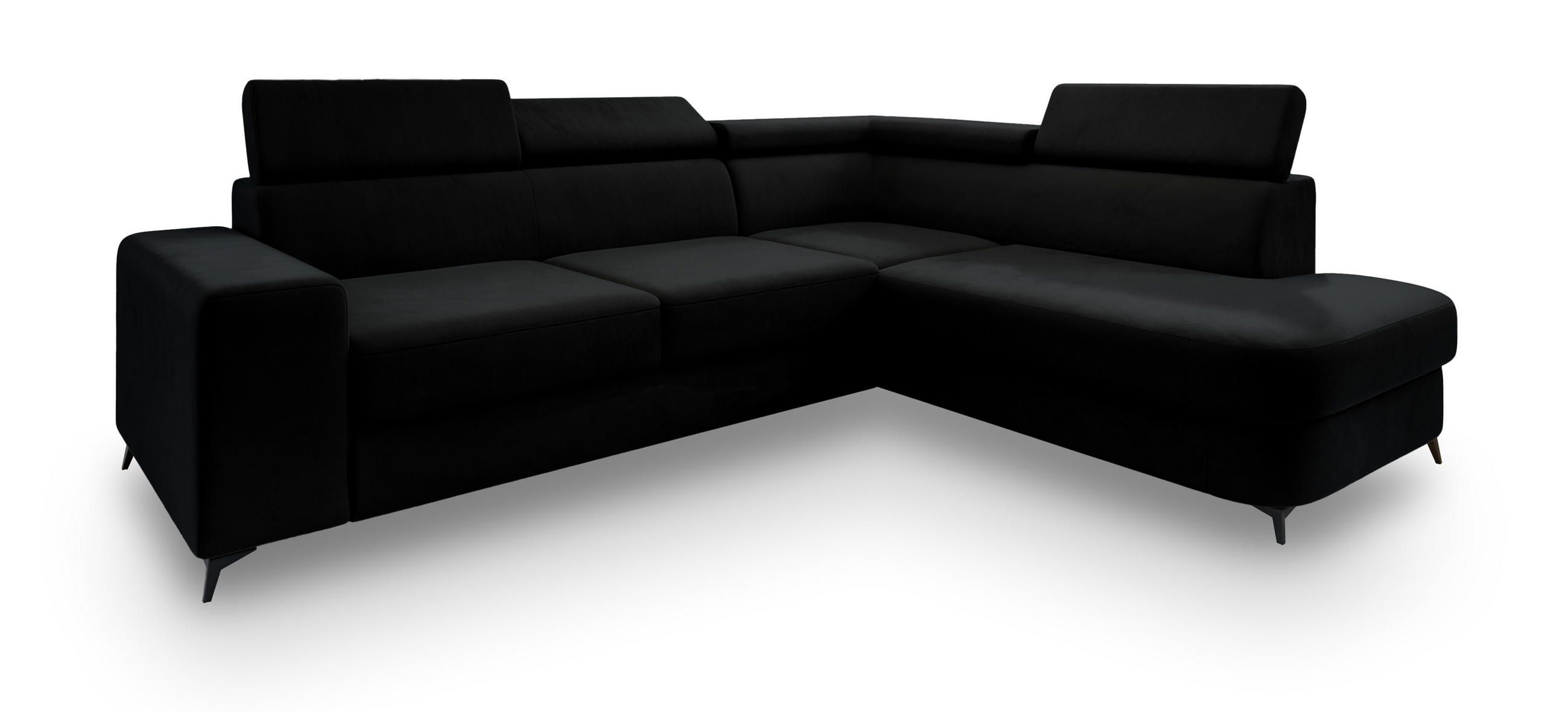 ECKSOFA ALVORO R-S Schwarz Velours-Stoff mit Schlaffunktion - Schwarz, Holz (253/190cm) - MASSENO