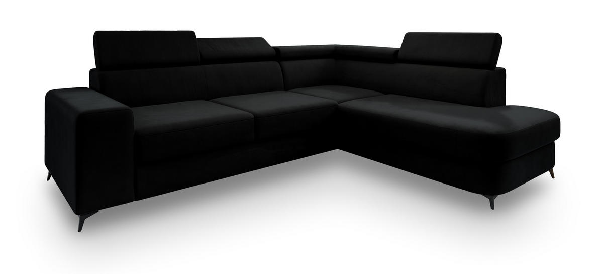 ECKSOFA ALVORO R-S Schwarz Velours-Stoff mit Schlaffunktion - Schwarz, Holz (253/190cm) - MASSENO