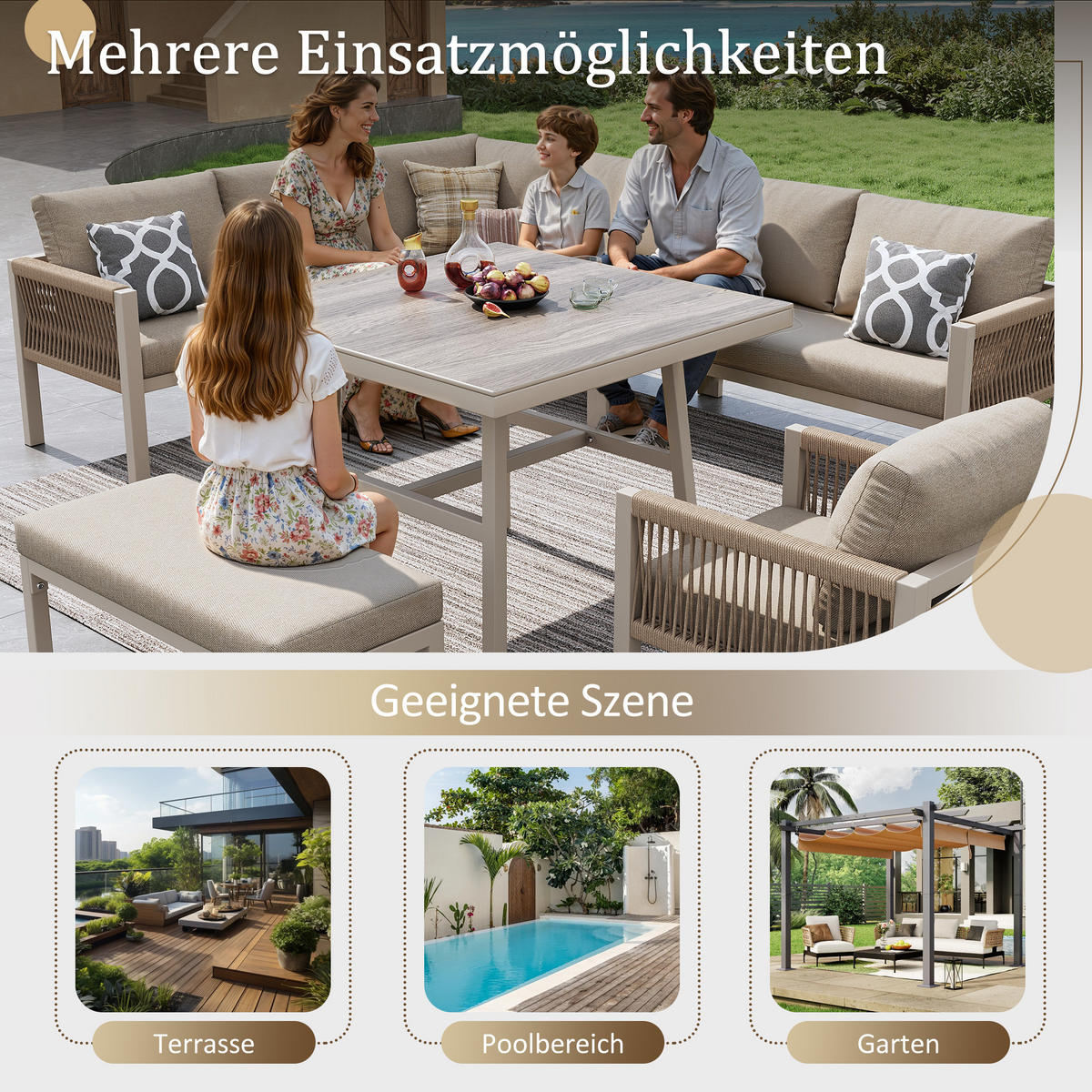GARTENSET L-Form 8 Personen Beige Inkl. Tisch & 1 Sessel - Beige, Metall - FLIEKS