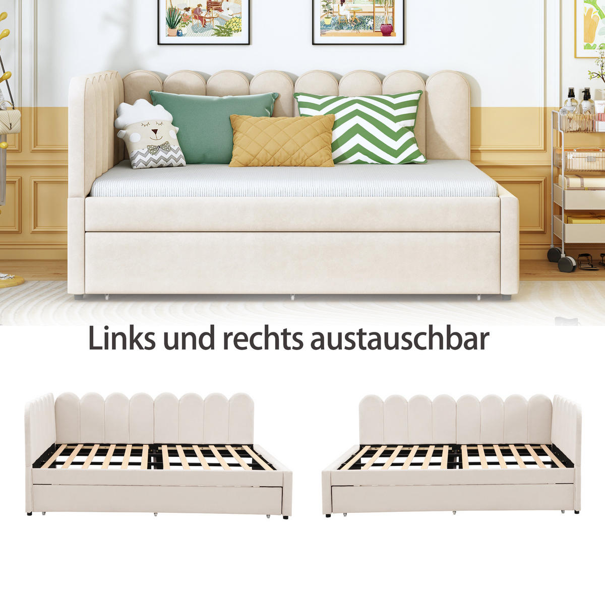 POLSTERBETT 140/200 cm aus Samt mit Ausziehbett in L-Form Beige - Beige, Textil (140/200cm) - Modenvie
