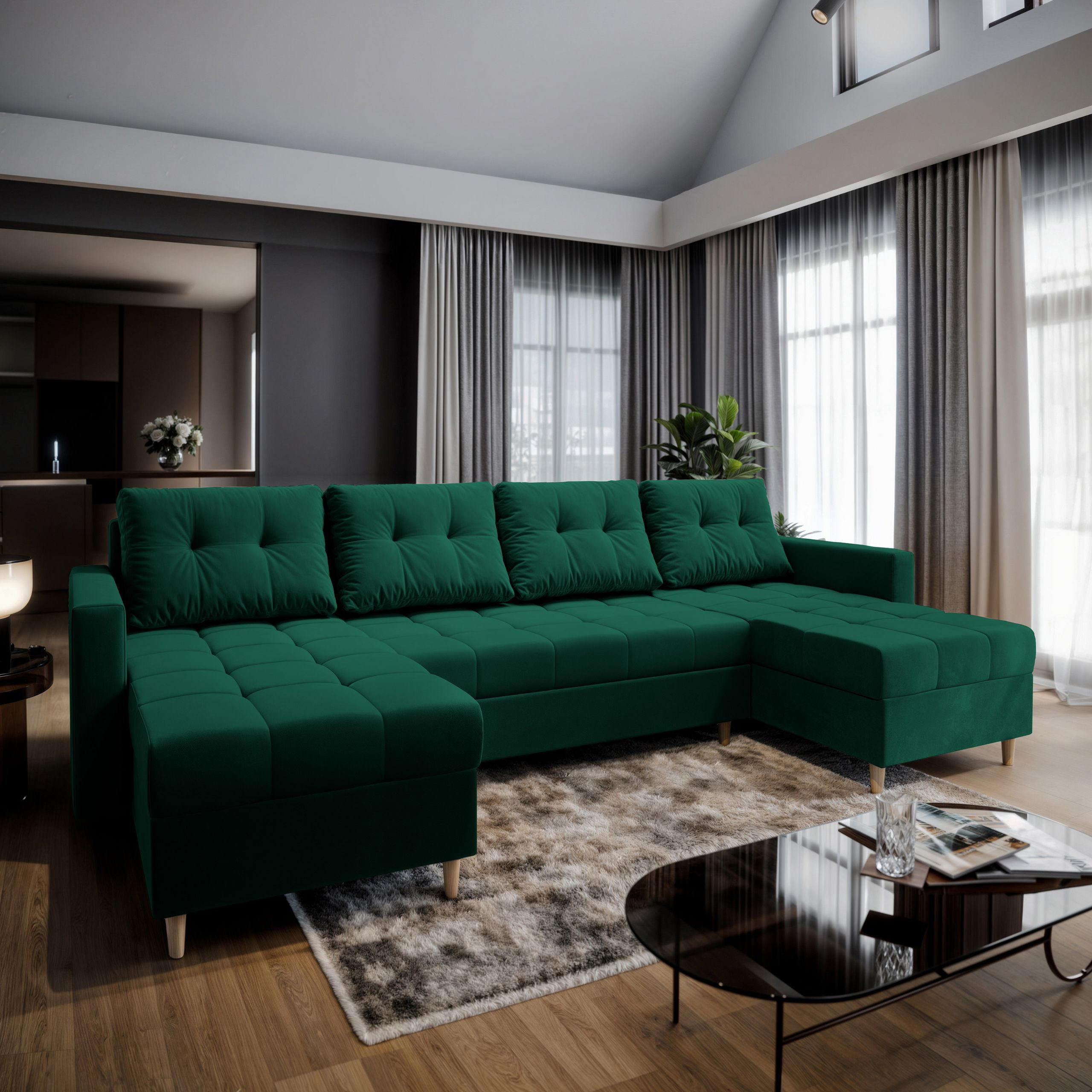 WOHNLANDSCHAFT MILO U Grün Plüsch-Stoff mit Schlaffunktion - Grün, Holz (285/91/140cm) - MASSENO