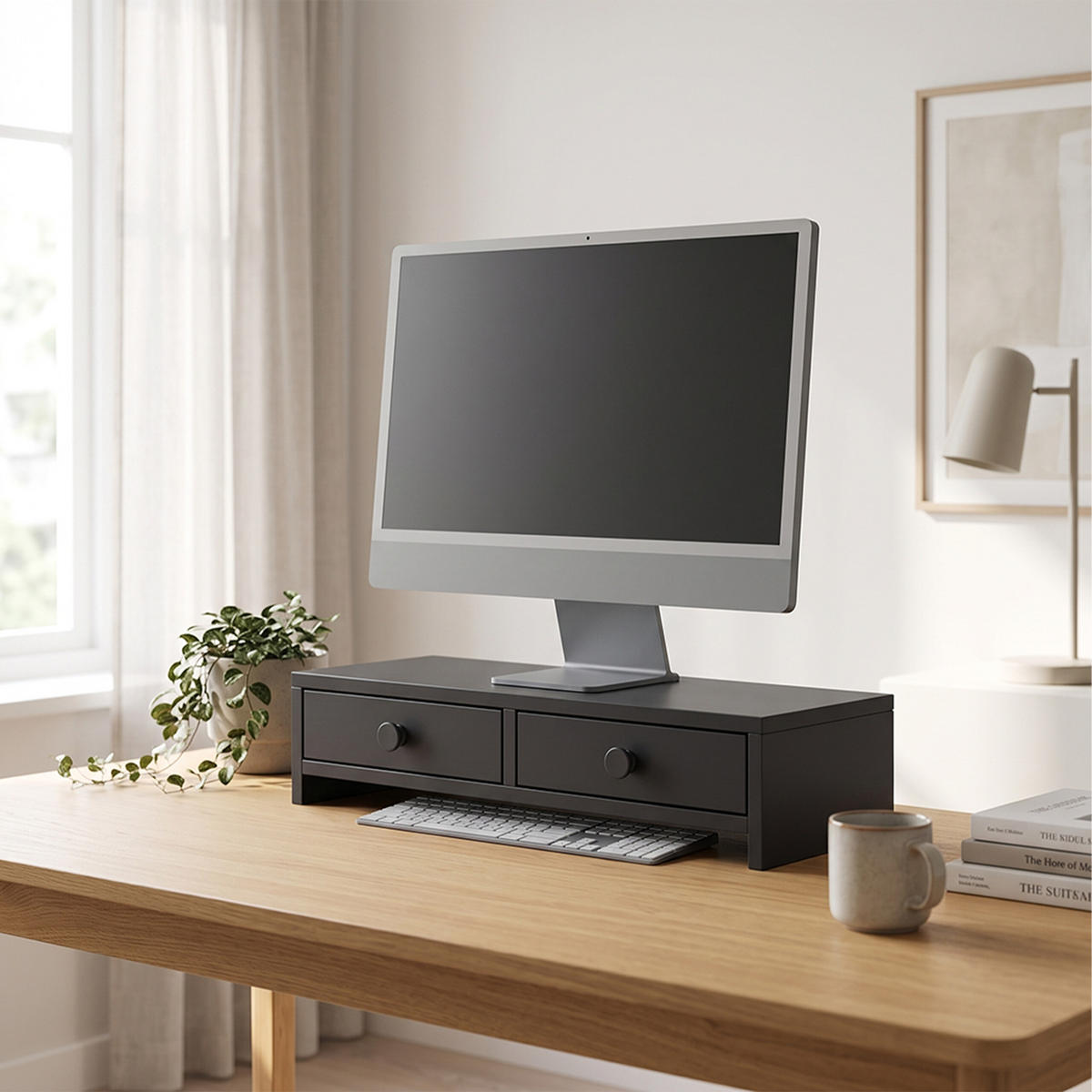 MONITORSTÄNDER Schwarz MDF 2 Schubladen 47x18x12,5 cm - Schwarz, Holzwerkstoff (18/47/12.5cm) - Relaxdays