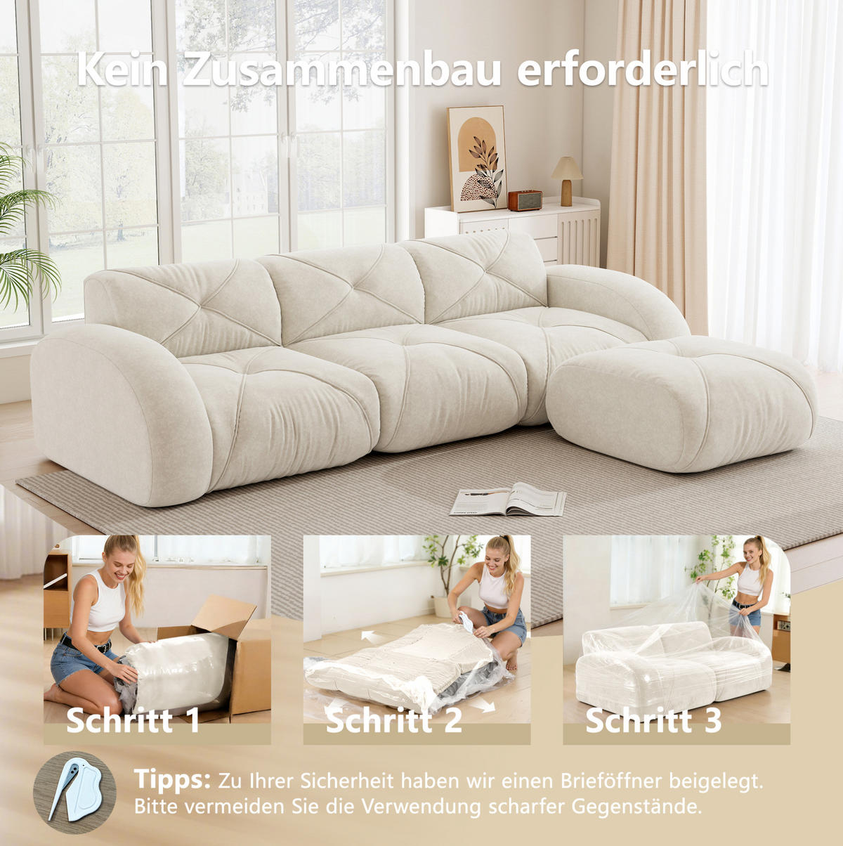 ECKSOFA 358/171/76 cm hellbeige aus Chenille mit modularem Aufbau und Hocker - Beige, Textil (171/358cm) - OKWISH
