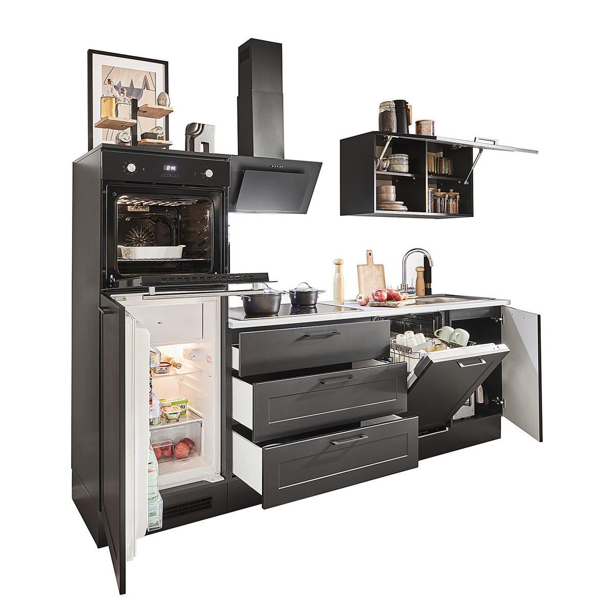KÜCHENZEILE ohne Elektrogeräten - Matt Schwarz / Marmor Hell Dekor - 260 cm - Schwarz, Holzwerkstoff/Metall (260/195/60cm) - home24