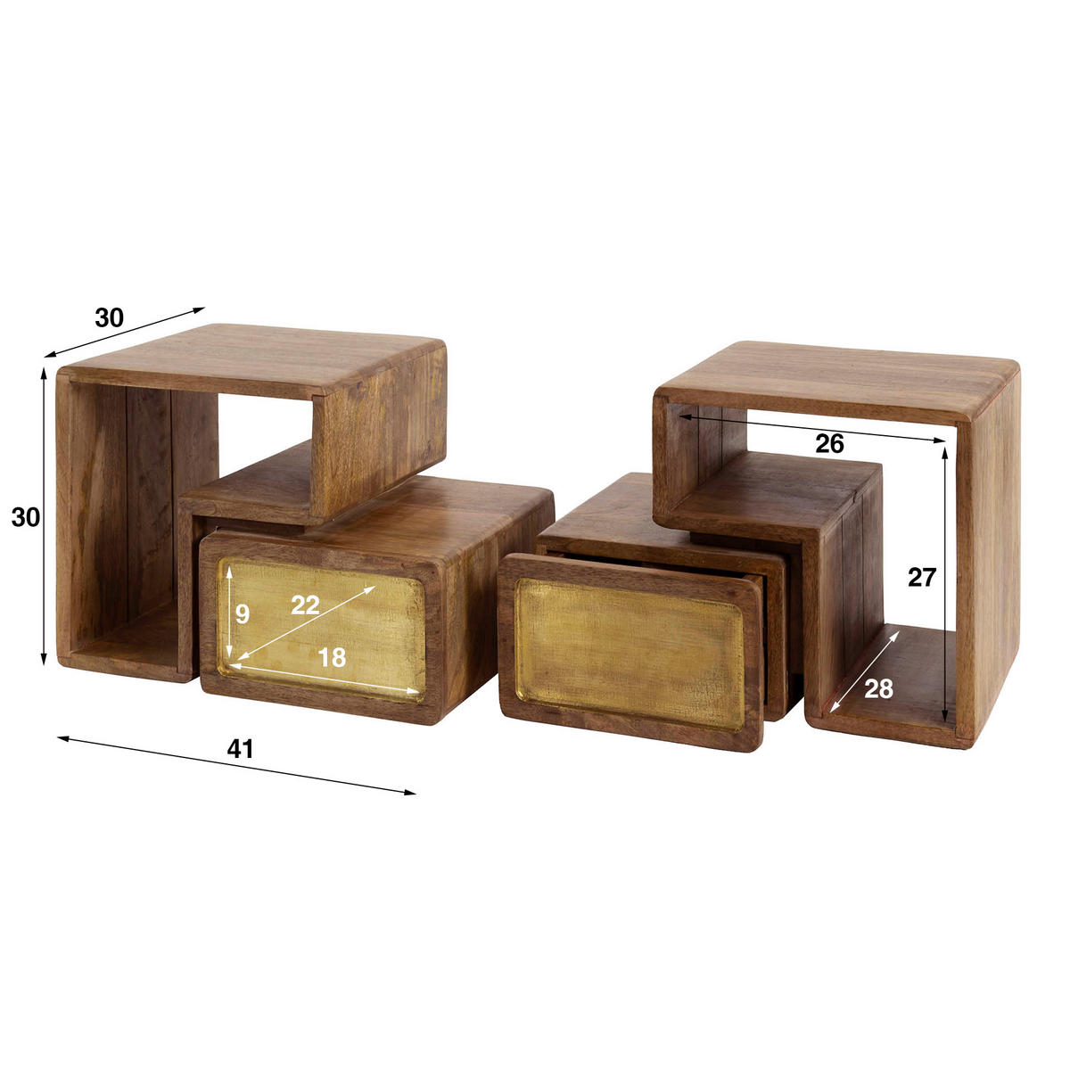 NACHTTISCH Messing Braun 30/42/30 cm 2er-Set - Braun, Holz (42/30/30cm) - Hoyz Collection