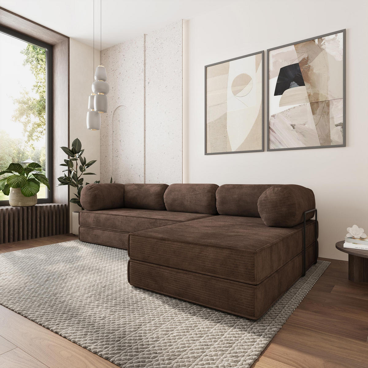 ROHOVÁ SEDAČKA ETERA modulární Boneless pohovka s funkcí spaní, hnědá POSO 06 - hnědá, textil (270/160cm) - MASSENO