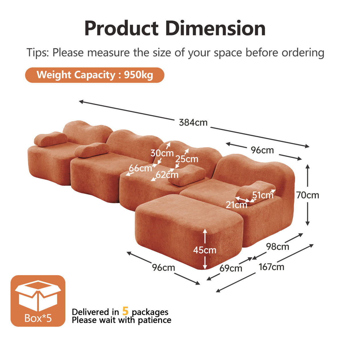 ECKSOFA 384/167/70 cm Orange aus Samt mit Wellenform und modularem Hocker - Orange, Textil (167/384cm) - OKWISH