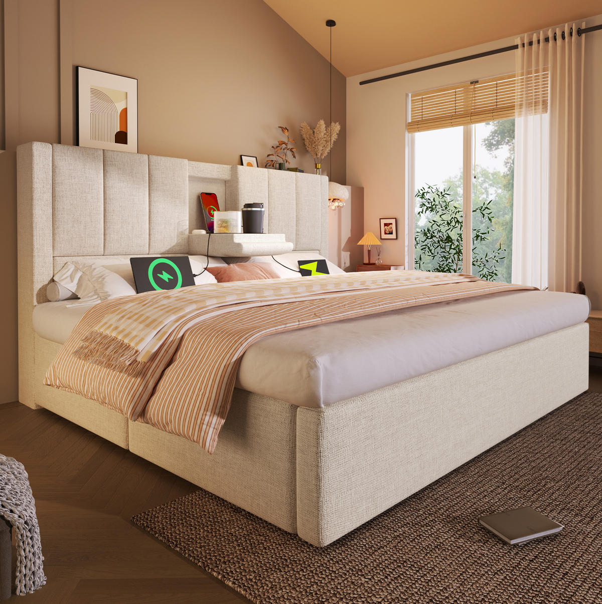 POLSTERBETT mit Stauraum 180x200 cm Leinen Beige mit Ladestation - Beige, Metall (180/200cm) - Meubliv
