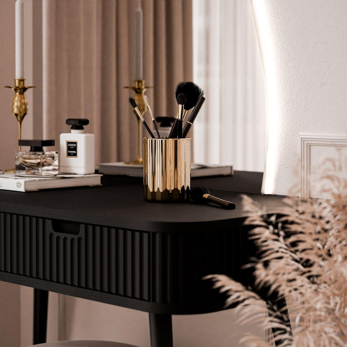 SCHMINKTISCH ZAIRA-QS mit LED Spiegel Rechte Schwarz - Schwarz, Holzwerkstoff (103/80/49cm) - Lookway