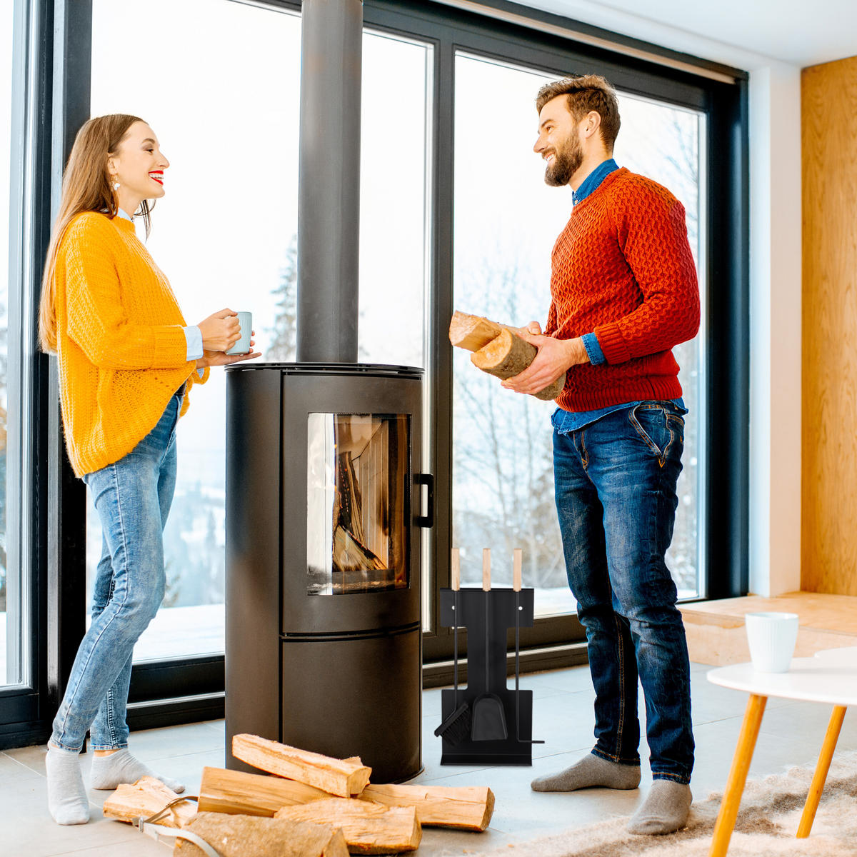 KAMINBESTECK - Schwarz, Holz/Metall (28/66/11cm) - Relaxdays