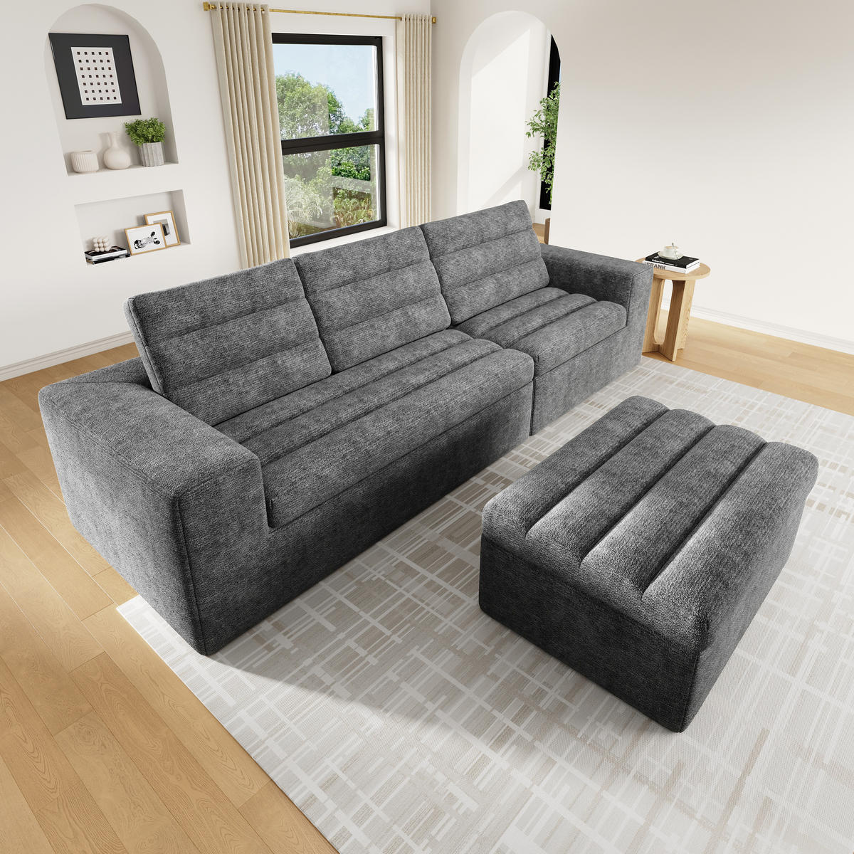 WOHNLANDSCHAFT 253/161/89 cm Hellgrau mit 1 Fußhocker - Hellgrau, Textil (253/89/161cm) - Oxeza