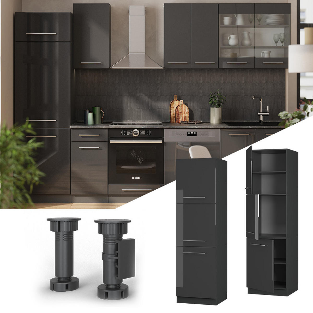 SKŘÍŇKA NA VESTAVĚNOU TROUBU Fame-Line Antracitový vysoký lesk - antracitová/vysoce lesklá černá, kompozitní dřevo (60/206.8/58cm) - Vicco