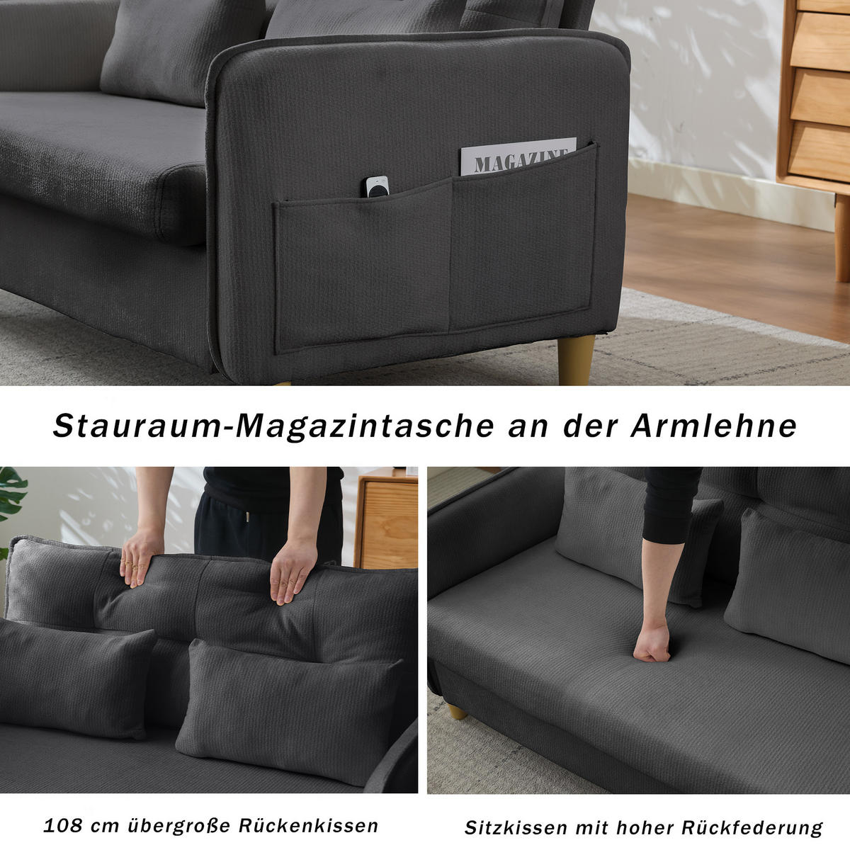 SCHLAFSOFA 127/75.5/83 cm Dunkelgrau mit Armlehnen und Seitentaschen - Dunkelgrau, Textil (75.5/83/127cm) - Oxeza