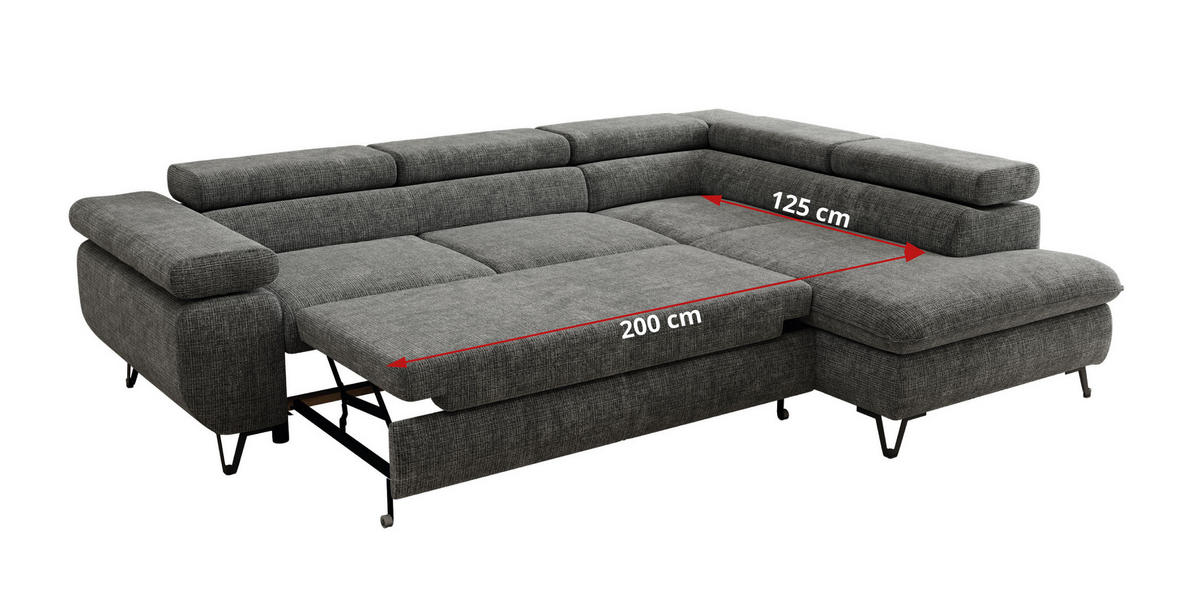 ECKSOFA PABLO L Grau Schenille grob gewebt - Links Seite - Schwarz/Grau, Textil/Metall (208/273cm) - MKS