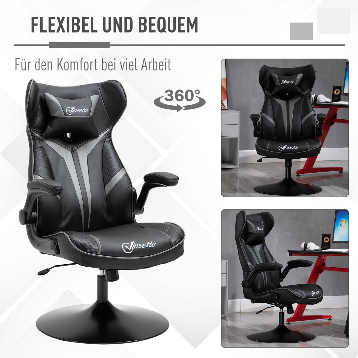 GAMING Stuhl, Drehstuhl, Schwarz+Grau - Silberfarben/Schwarz, Metall (70/112/67cm) - Vinsetto
