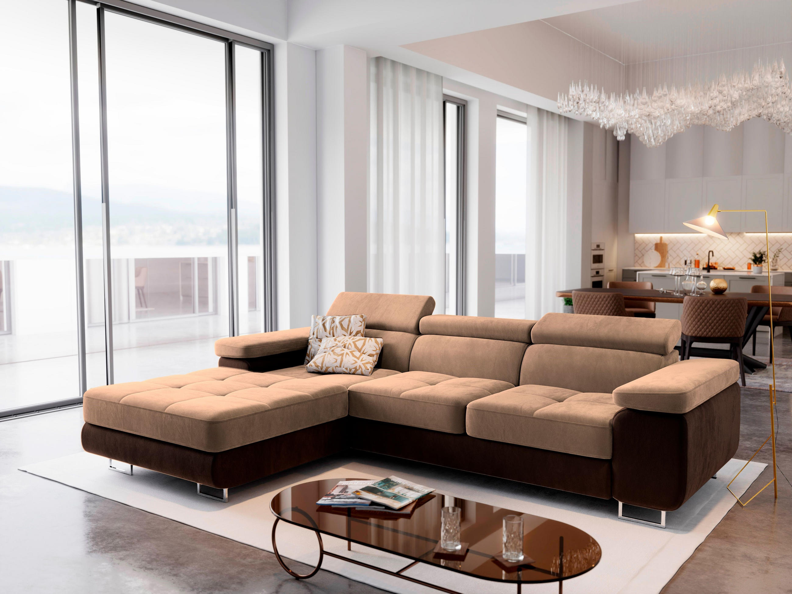 ECKSOFA ELMA L-S Beige Velours-Stoff mit Schlaffunktion - Beige, Holz (280/205cm) - MASSENO