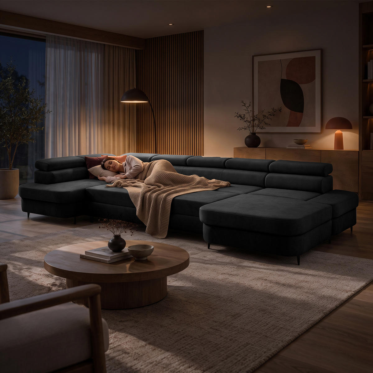 ECKSOFA U-Form PRIAM MAXI U Links mit Schlaffunktion 125x317 Velours Dunkelgrau - Dunkelgrau/Schwarz, Holz/Textil (203/91/400cm) - Muffo