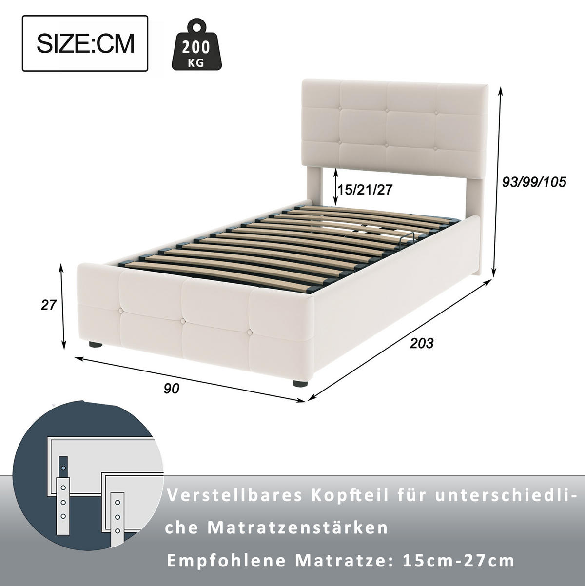 BETT mit Stauraum und verstellbarem Kopfteil 90x200 cm Samt Beige - Beige, Metall (90/200cm) - Beauniv