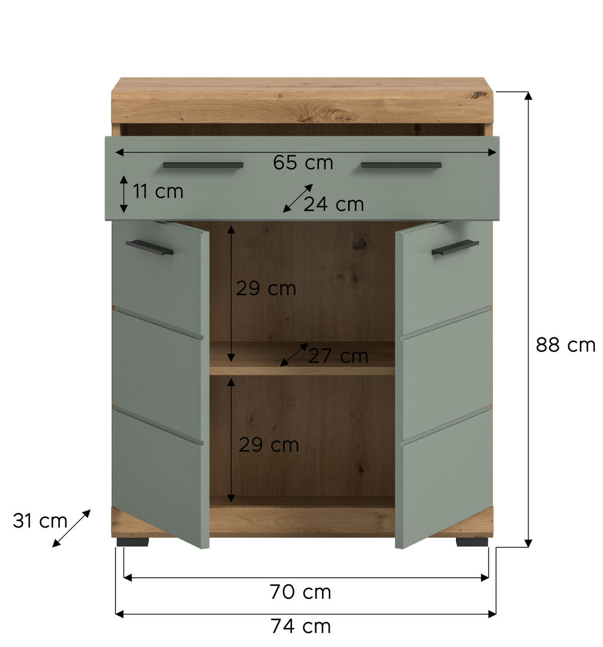 STANDSCHRANK Scout Bad in Artisan Eiche Nachbildung und Salbei Nachbildung B/H/T: 74x88x31 cm - Eiche Artisan, Holz (74/88/31cm)