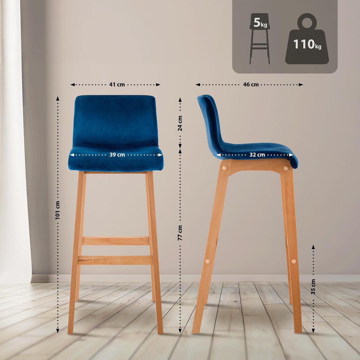 BARHOCKER Samt Blau - Blau/Eukalyptusholzfarben, Holz/Textil (41/101/46cm) - CLP