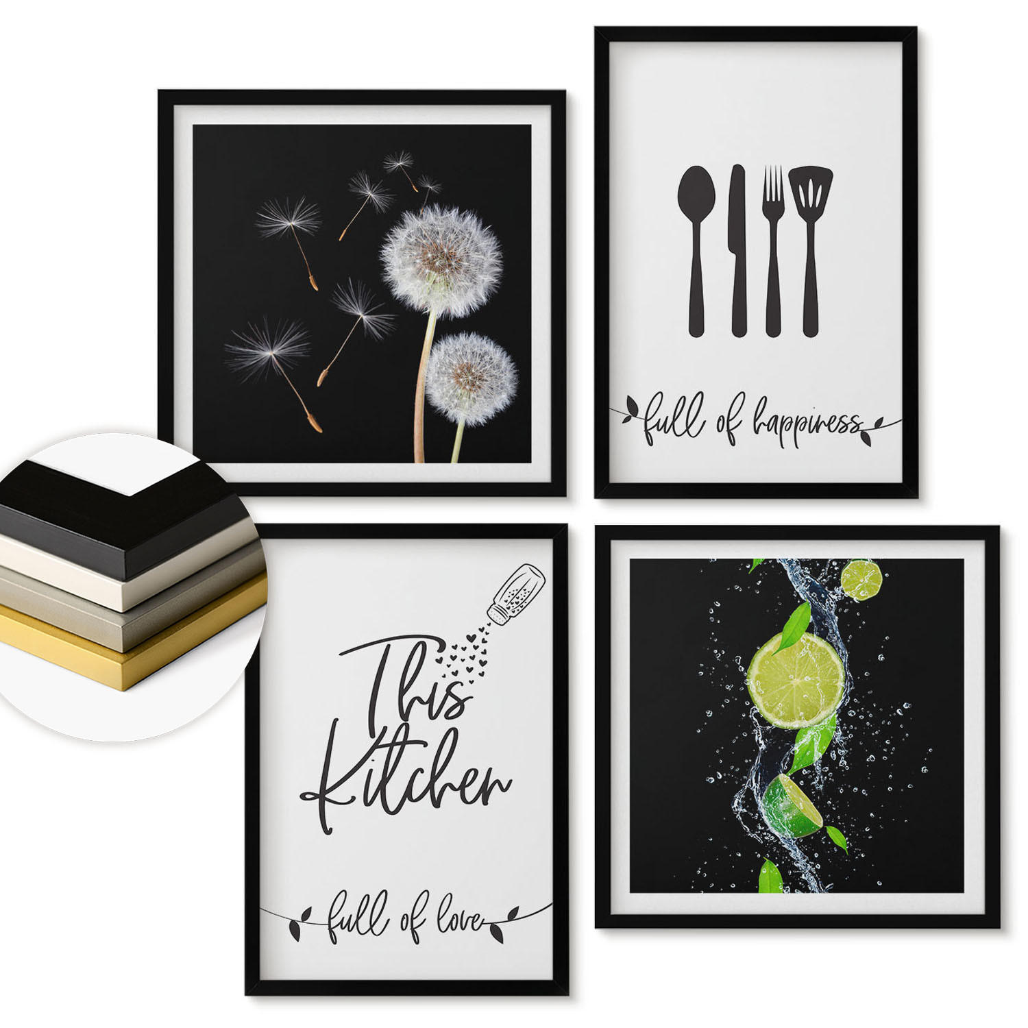 WANDBILDER 4er-Set - 50x50 cm & 40x60 cm Schwarzer Rahmen - Löwenzahn-Kalk-Kücheninschriften - Schwarz, Kunststoff (50/50cm) - ArtPrintCave