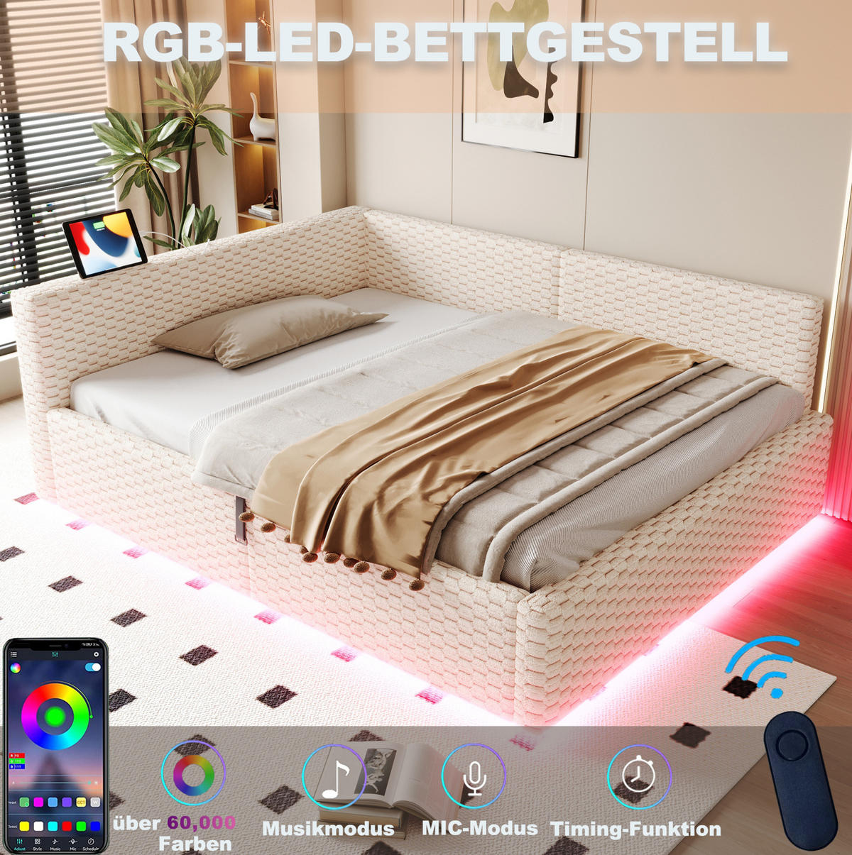 TAPECIRANI krevet 140/200 cm s LED osvjetljenjem, USB i Type-C priključkom te hidrauličnim spremištem, Bež - bež, drvni materijal (140/200cm) - Redom