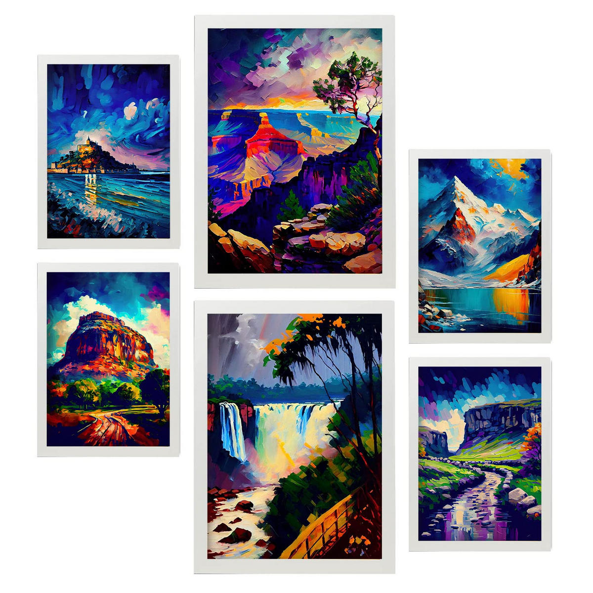 POSTER Set Mit 6 Blau Im Ölgemälde Stil A3 & A4 Weißer Rahmen - Weiß, Papier (29/3cm) - Nacnic