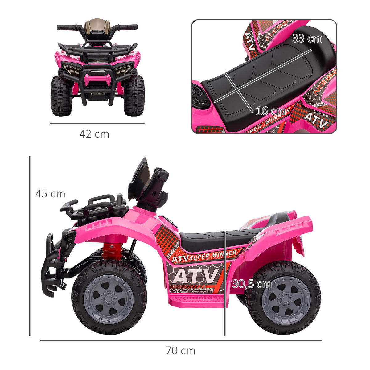 MINI ELEKTRO-QUAD KINDER, Schwarz/Grün/Rosa/Rot, Metall+ PP-Kunststoff - Rosa, Metall (70/42/45cm) - HOMCOM