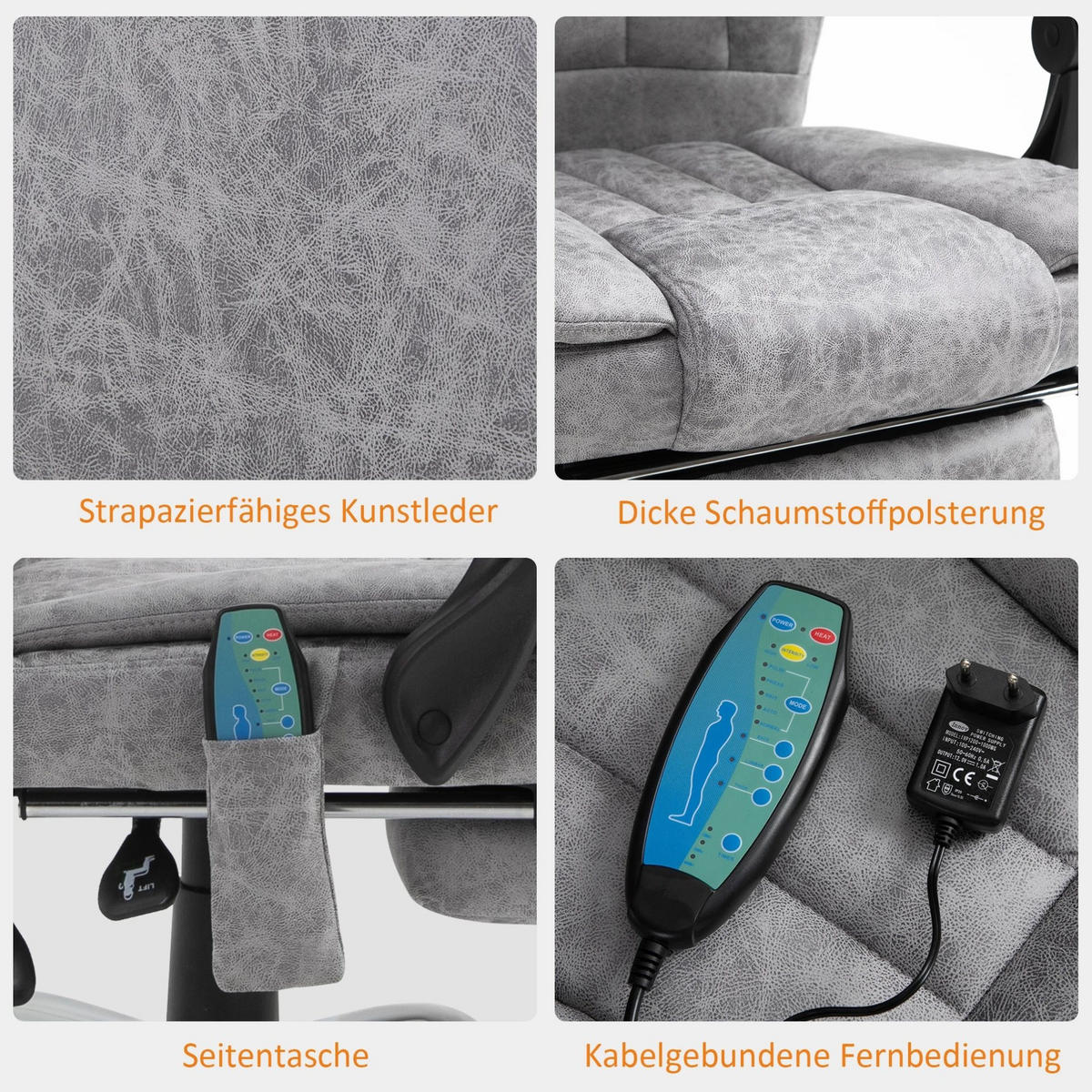 SESSEL 62/67/113-120 cm, Massage & Wärme, verstellbar,Grau - Grau, Kunststoff (67/113/62cm) - Redom
