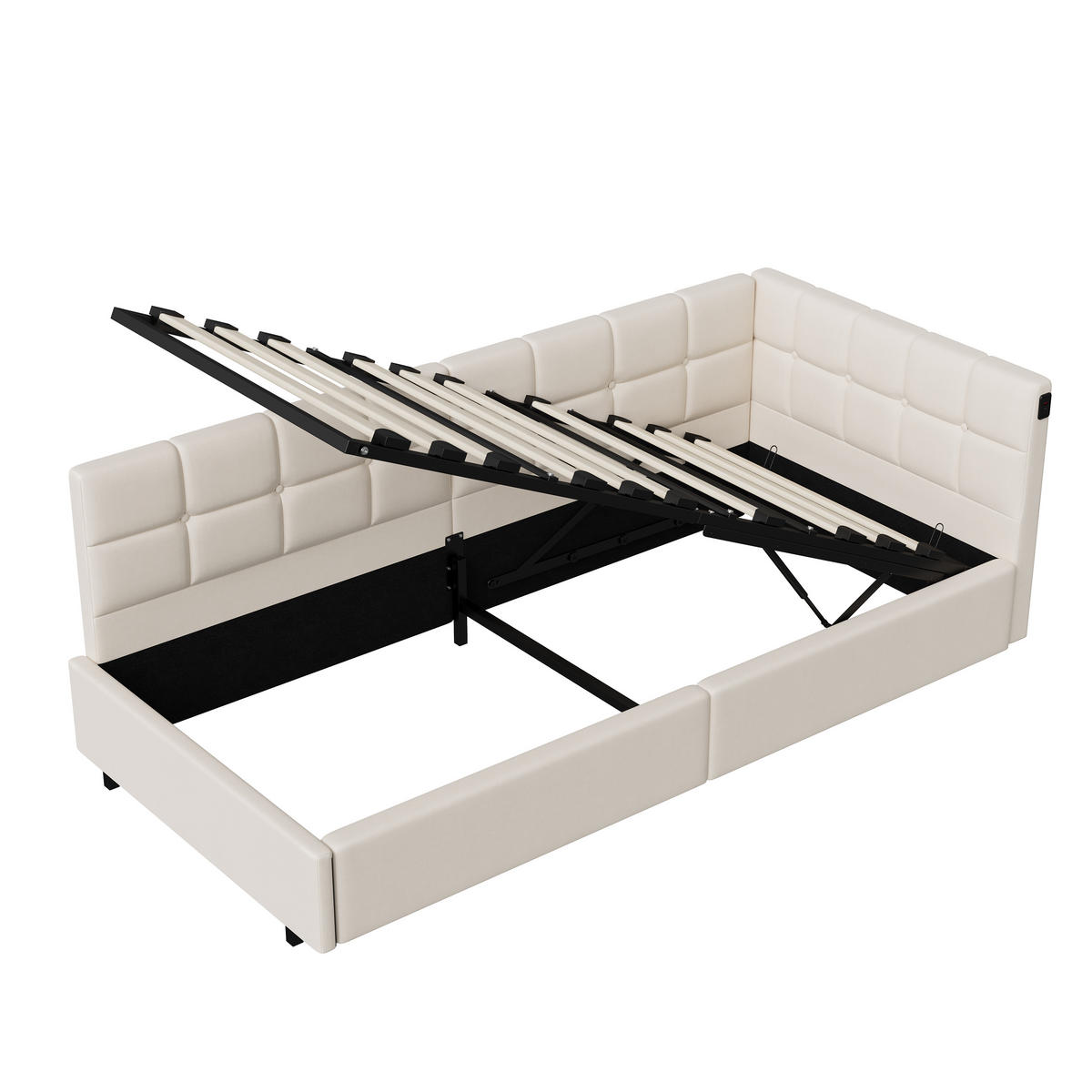 POLSTERBETT 90x200 cm Beige mit hydraulischem Stauraum, LED Beleuchtung, Eckbett mit Rückenlehne - Beige, Metall (90/200cm) - EuroLiving