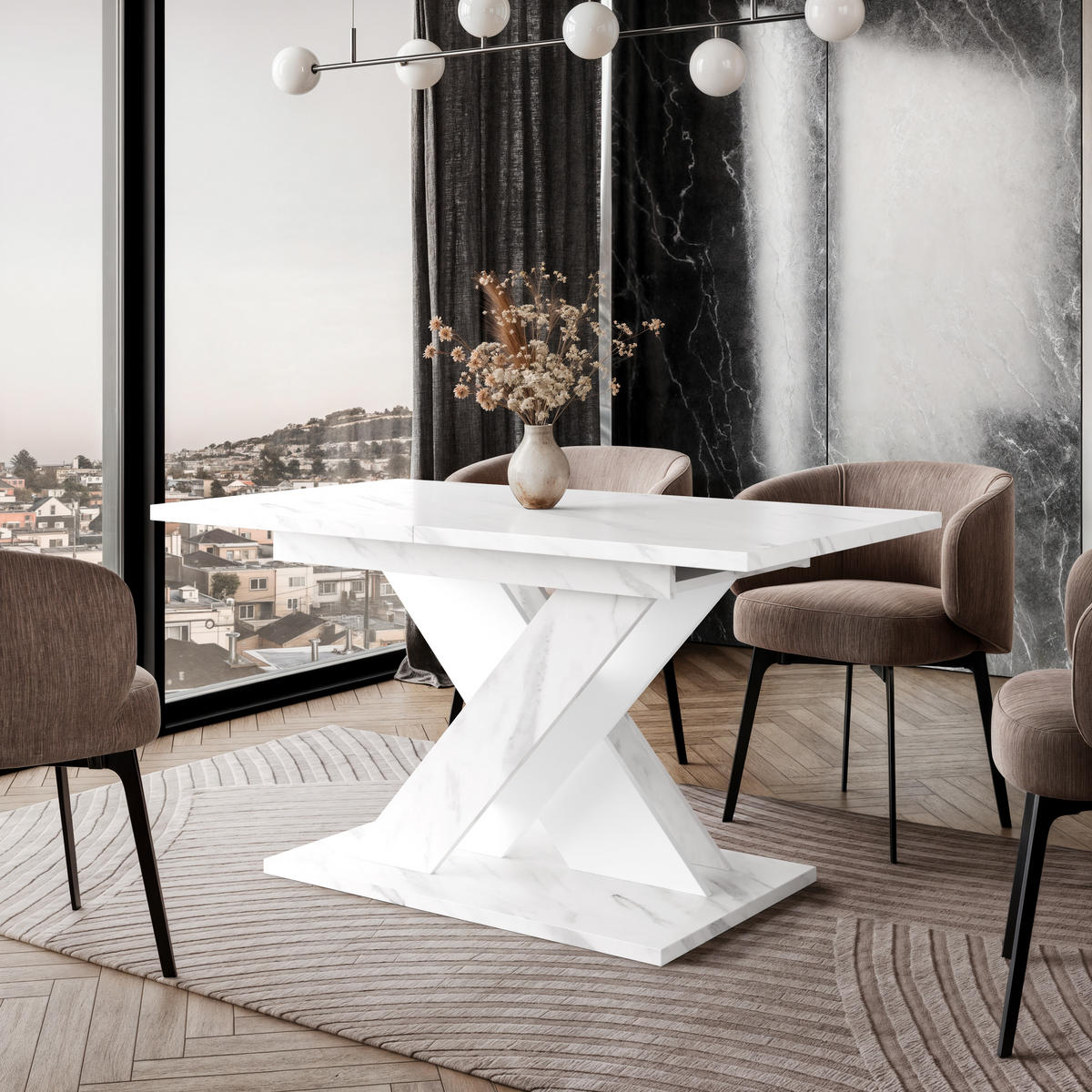 ESSTISCH Ausziehbar von 140 bis 180 cm in Weißen Marmor-Optik - Weiß Hochglanz, Holzwerkstoff (80/180/75cm) - Home Collective