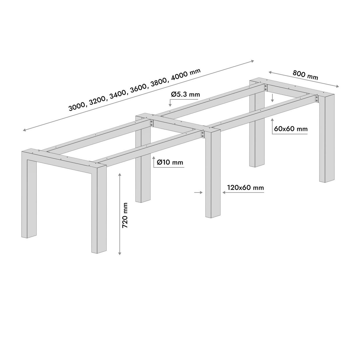 TISCHBEINE Etamin Extreme Long Metall Schwarz 300/80/72 cm - Schwarz, Metall (80/72/300cm) - Metalo Pro