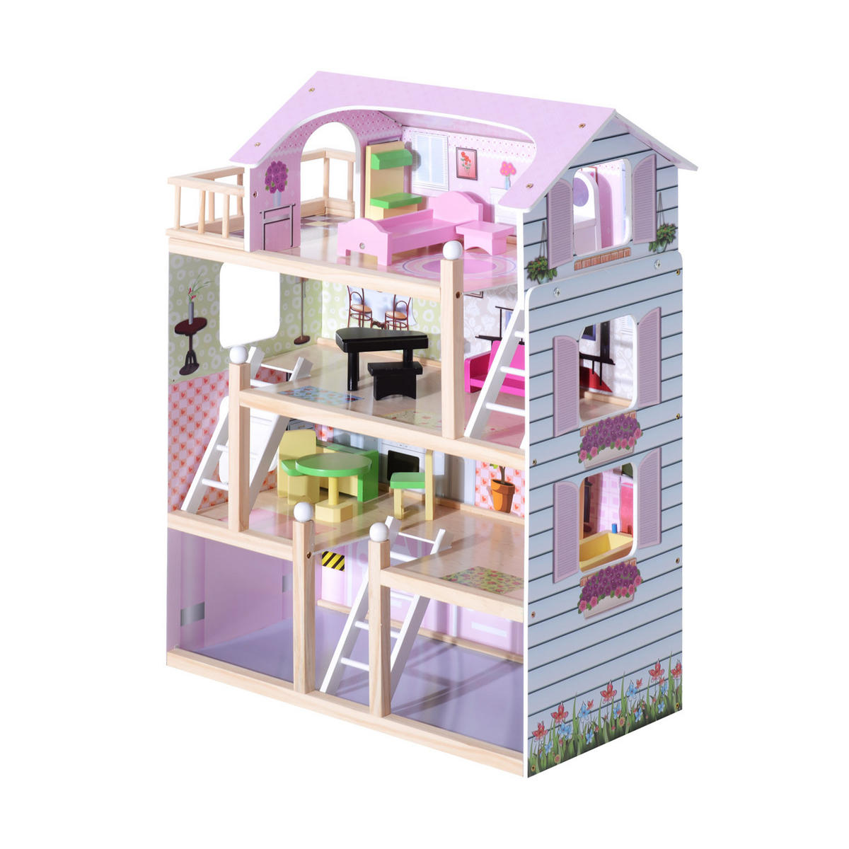 PUPPENHAUS DE-18719 4 Etagen mit 13 Accessoires & Balkon Weiß und Rosa - Pink, Holzwerkstoff (30/80/60cm) - ComfortXL