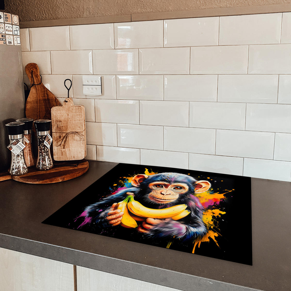 HERDABDECKPLATTE Affe - Graffiti - Farbenfroh - Bananen - Modern 57x51 cm - Gelb, Kunststoff (57.6/0.2/51.6cm) - MuchoWow