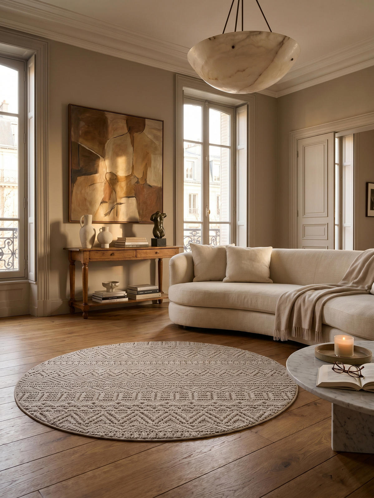 TEPPICH Flachgewebe LANGAU in Beige, mit Ethno-Streifen, Ø 200 cm - Beige, Textil (200/200cm) - KADIMA DESIGN