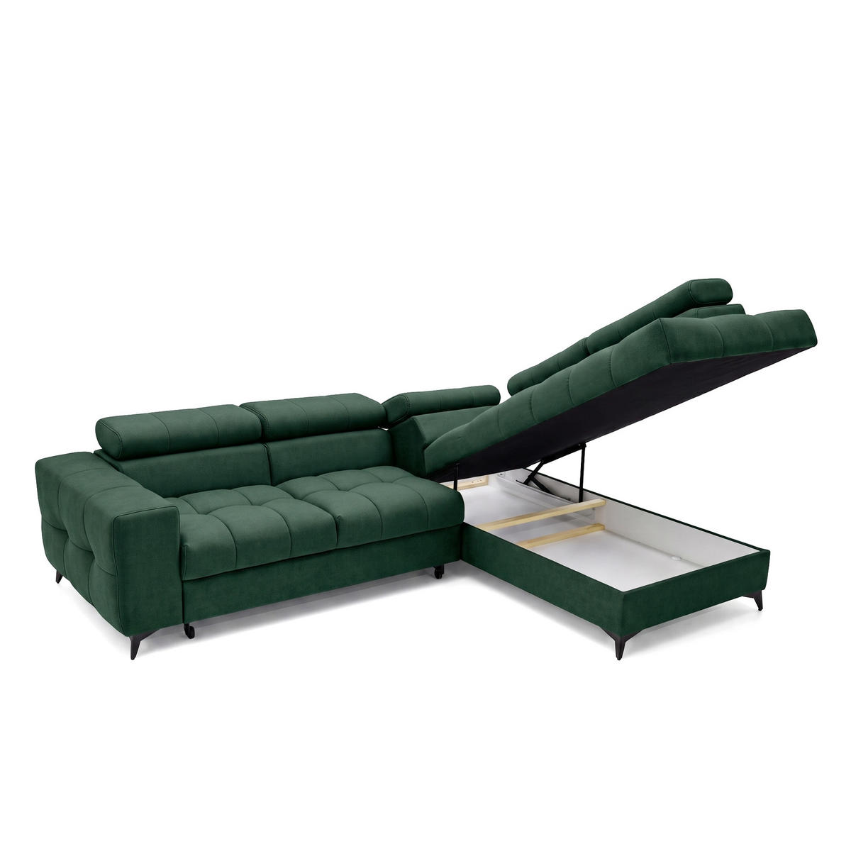 ECKSOFA PUDDING L Rechts mit Schlaffunktion 125x195 Velours Grün - Schwarz/Grün, Holz/Textil (275/203cm) - Muffo