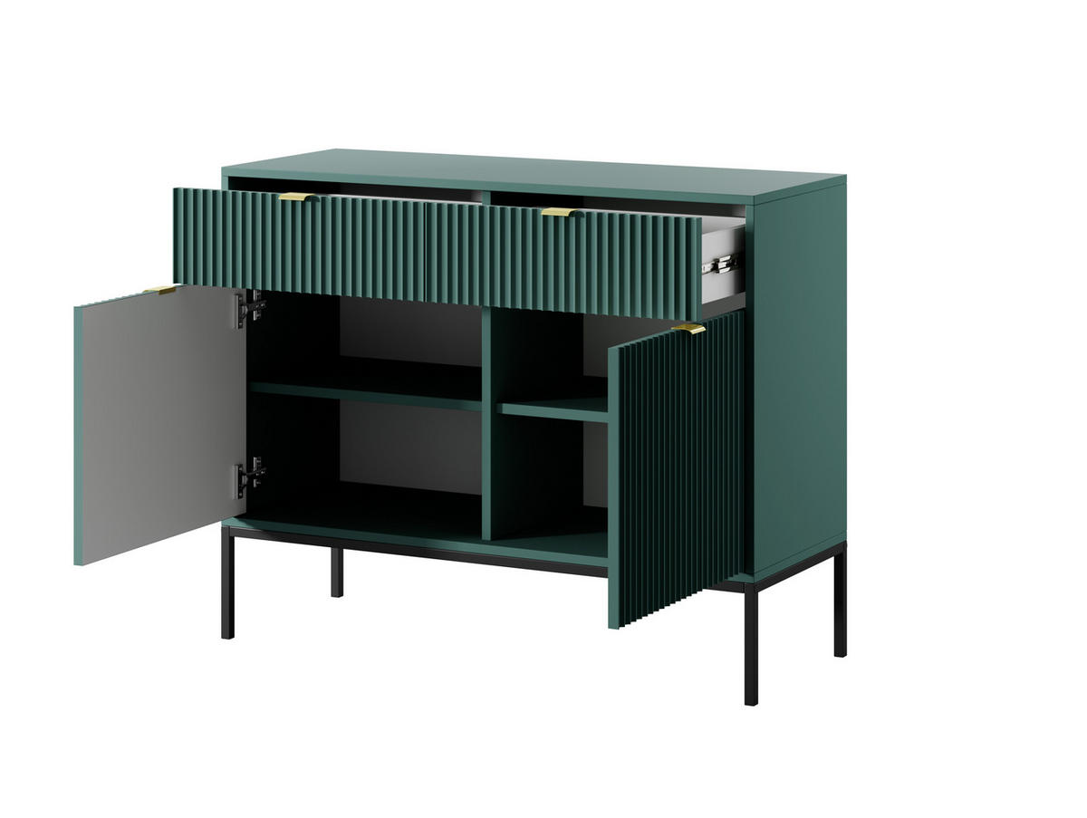 KOMMODE NOVA, Geriffelte Front, 2-Türen, 2-Schubladen 104x39x83 cm, Labrador - Türkis/Schwarz, Holzwerkstoff/Kunststoff (104/83/39cm) - DomoHome