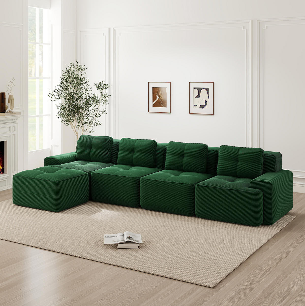 SOFA modular 4-Sitzer mit Chaiselongue Cord Grün - Grün, Kunststoff (177/382cm) - Meubliv