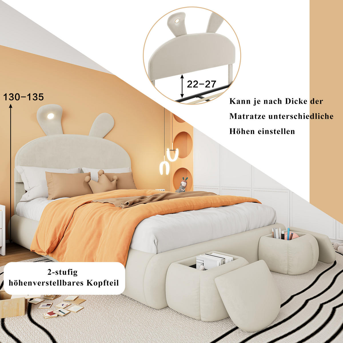 POLSTERBETT 140/200 cm mit LED-Hasenohren, hydraulischem Stauraum und 2 Aufbewahrungshockern, Samt Beige - Weiß, Textil (140/200cm) - Redom