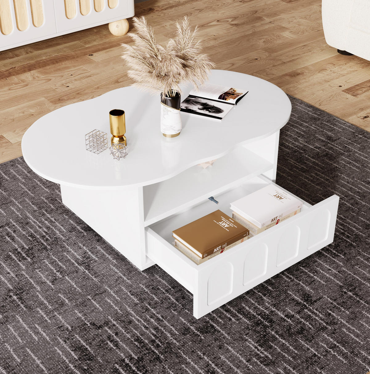 COUCHTISCH, wolkenförmige Tischplatte, Spanplatte, mit Schublade und offenem Fach, 100/60/40,5 cm, Weiß - Weiß, Holzwerkstoff (100/45.5/60cm) - Redom